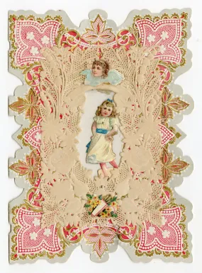 Antique 1890's Die-Cut, Doily VALENTINE'S DAY CARD, Small Girl, Gold Ink