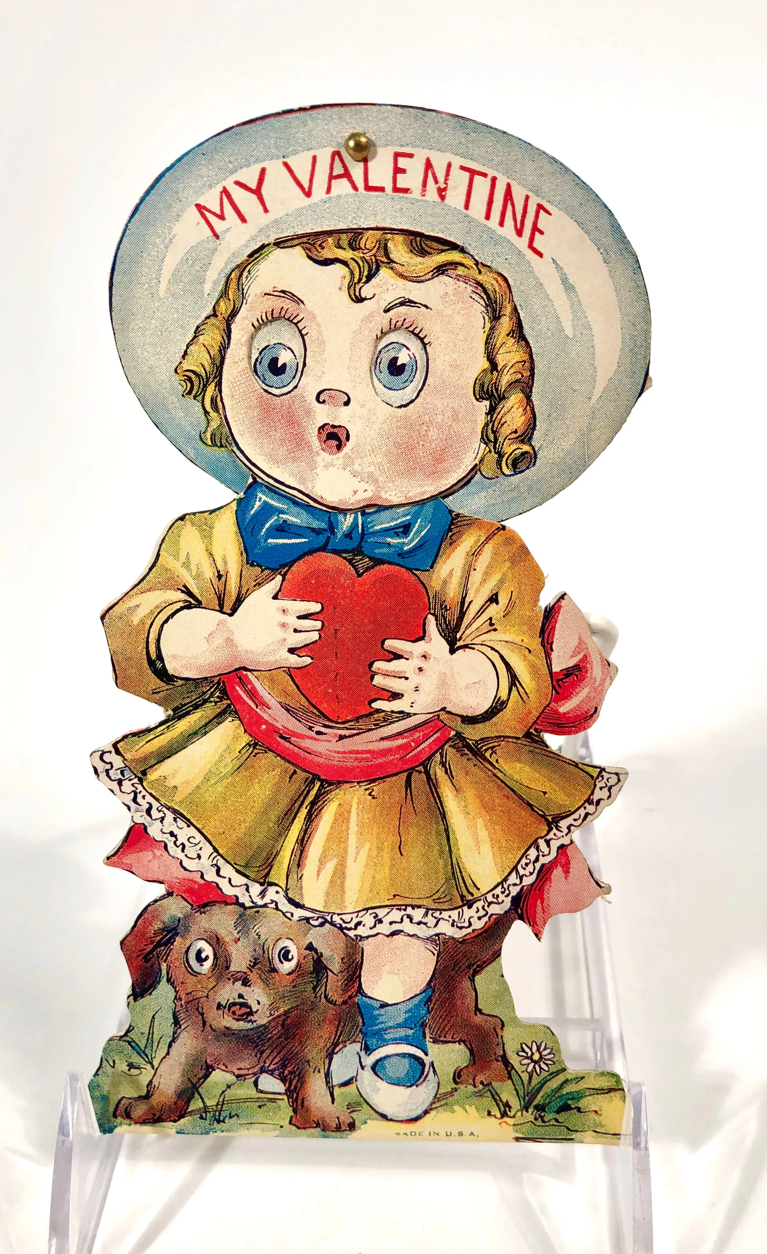 Antique MECHANICAL 1920's VALENTINE || Big Eyed Child with Nervous Dog