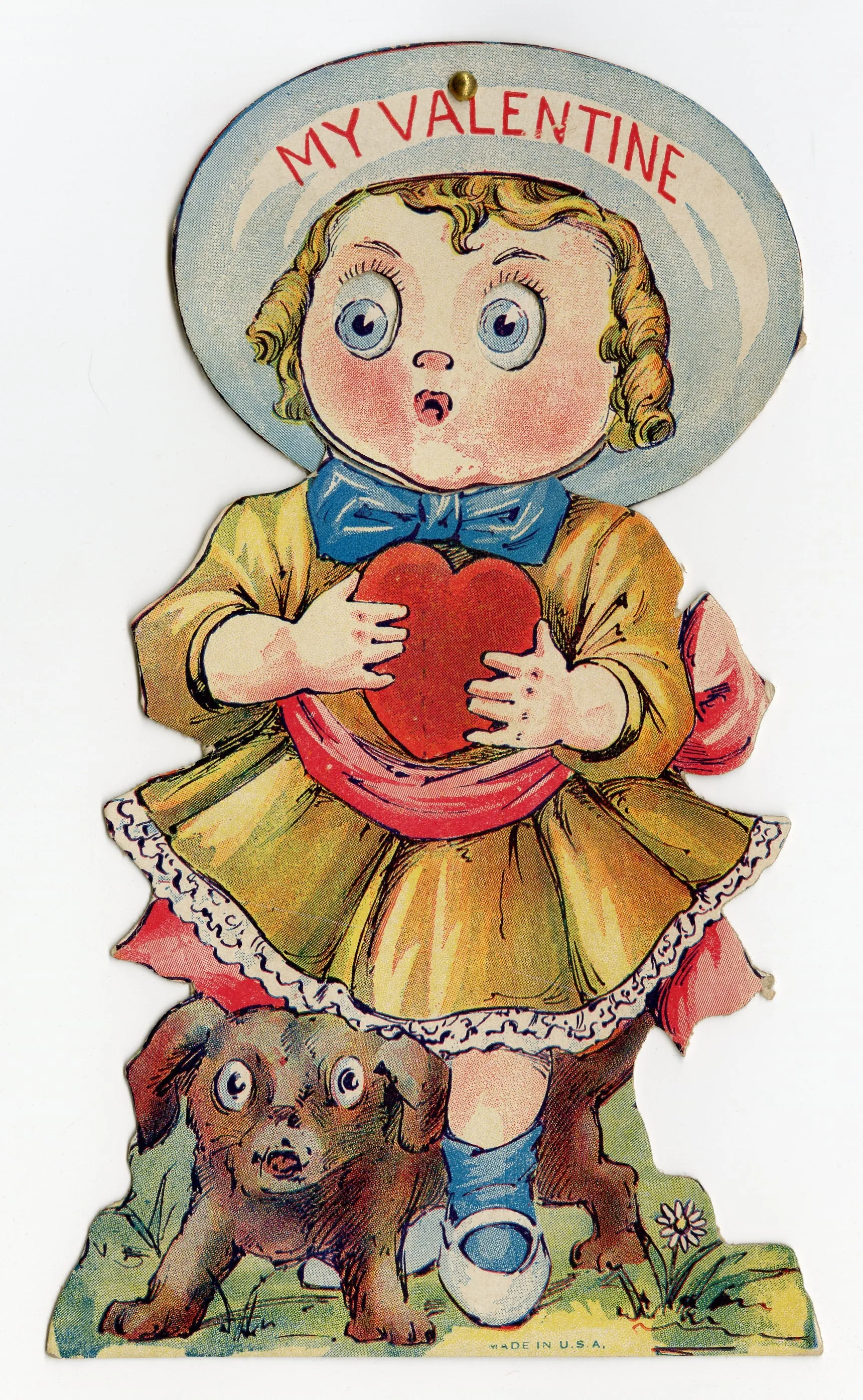 Antique MECHANICAL 1920's VALENTINE || Big Eyed Child with Nervous Dog