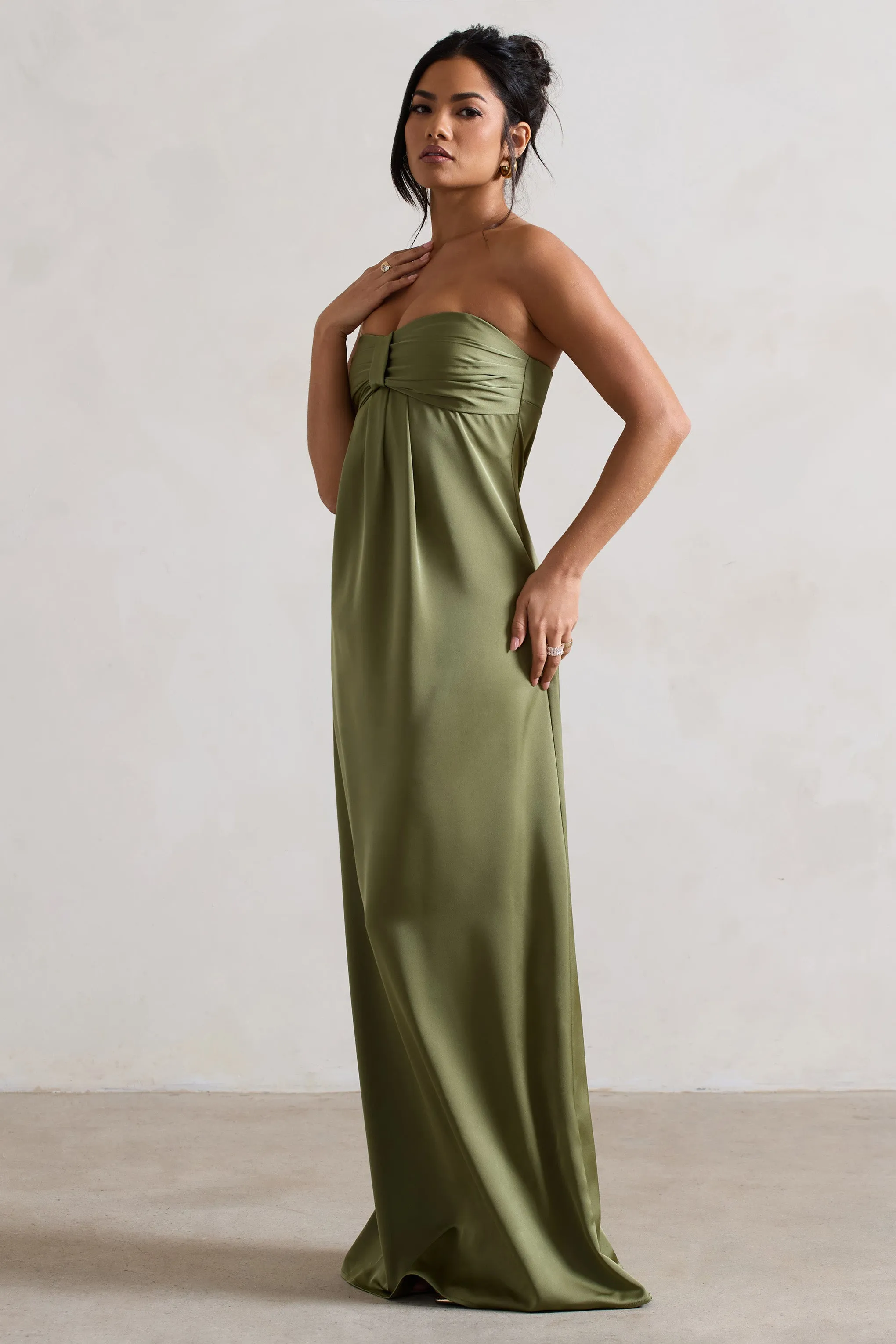 April | Olive Green Satin Sweetheart Maxi Dress