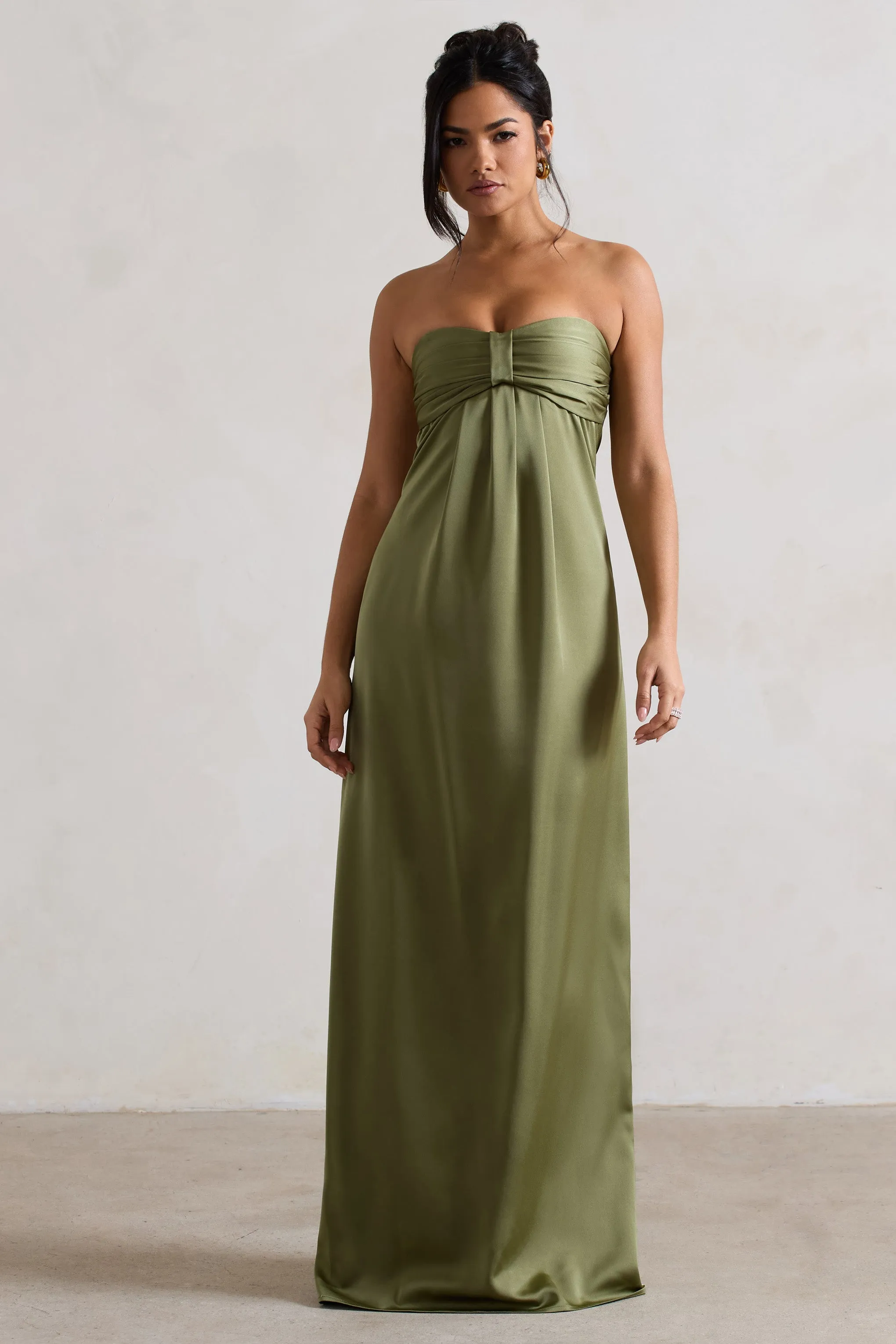 April | Olive Green Satin Sweetheart Maxi Dress