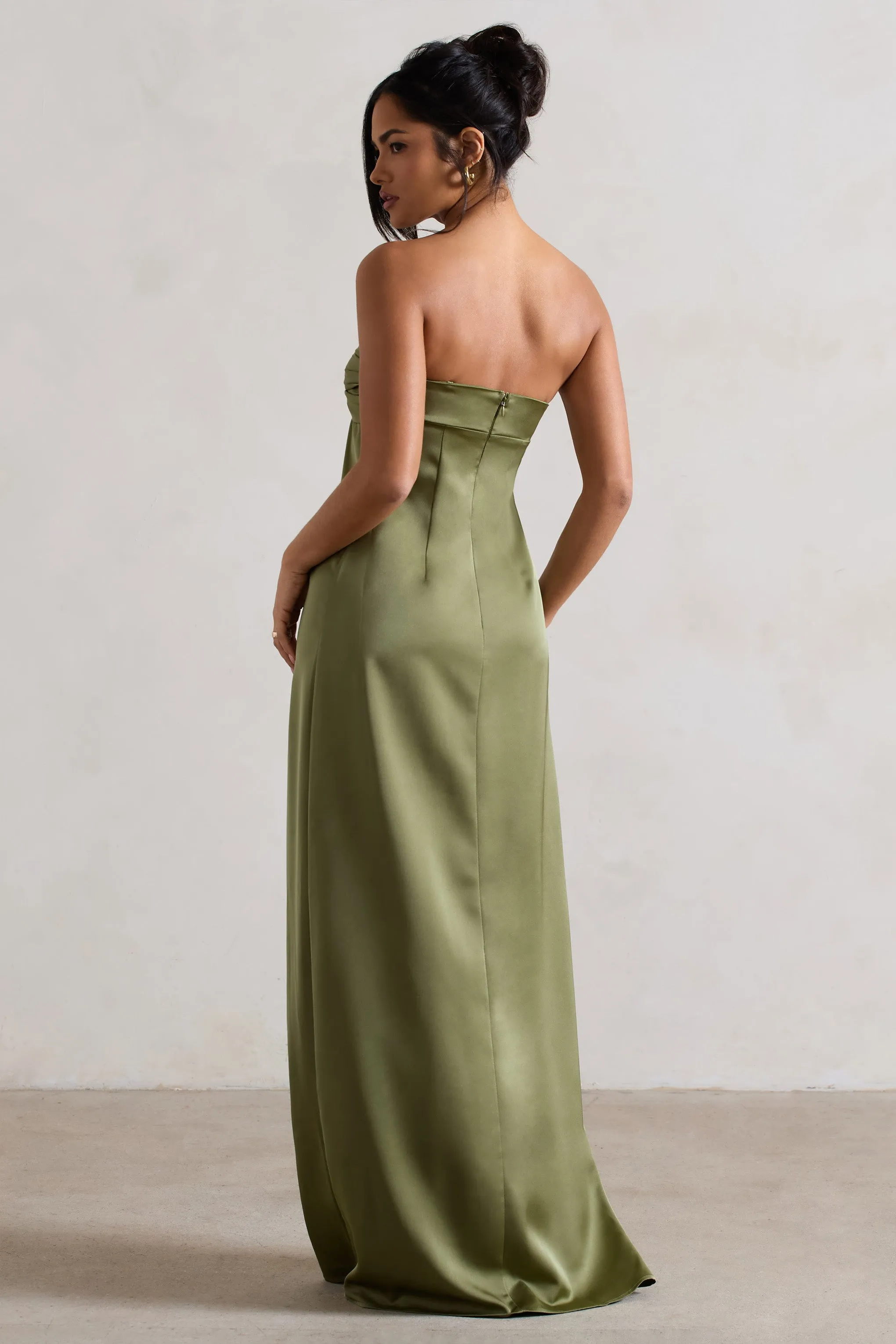 April | Olive Green Satin Sweetheart Maxi Dress