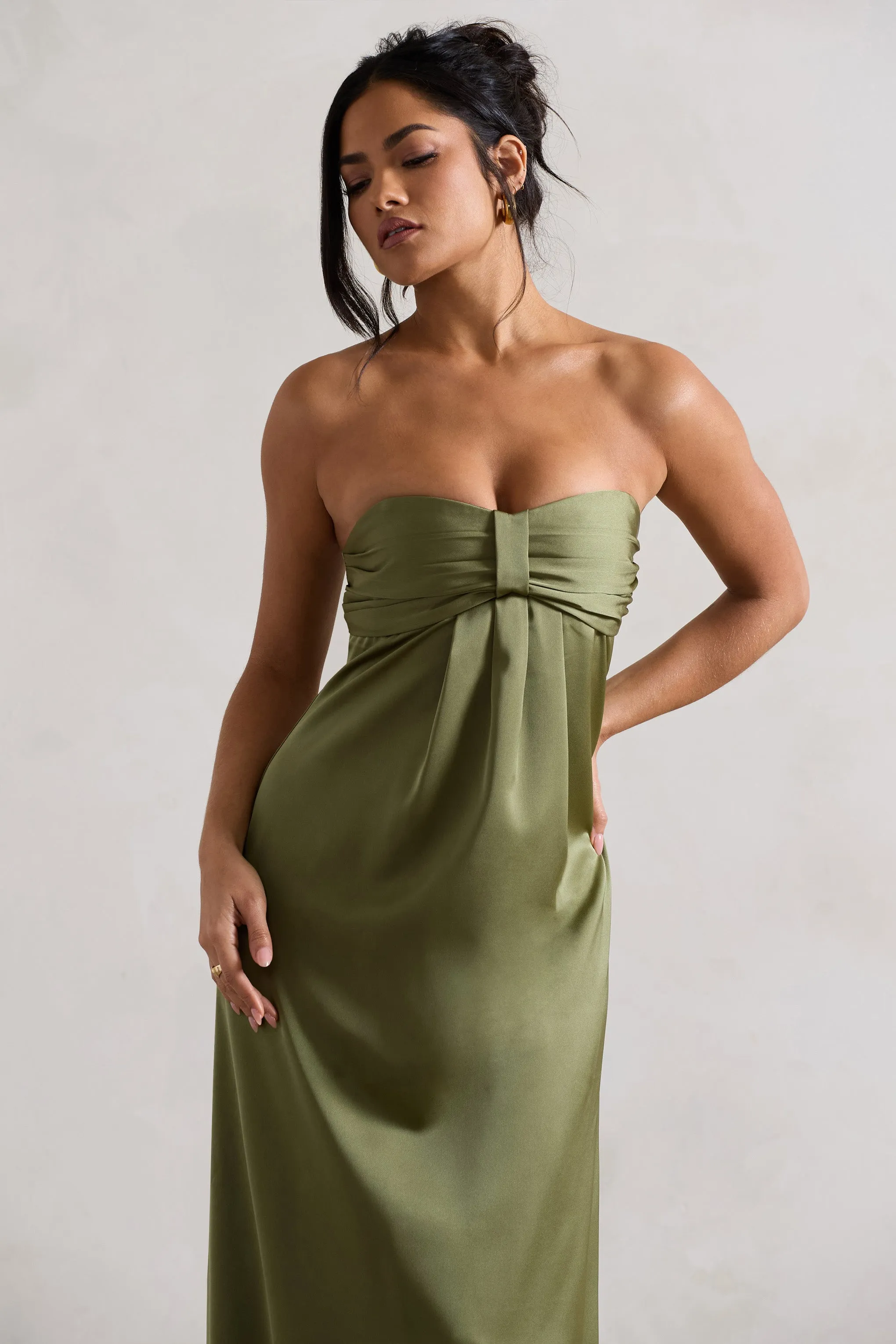 April | Olive Green Satin Sweetheart Maxi Dress