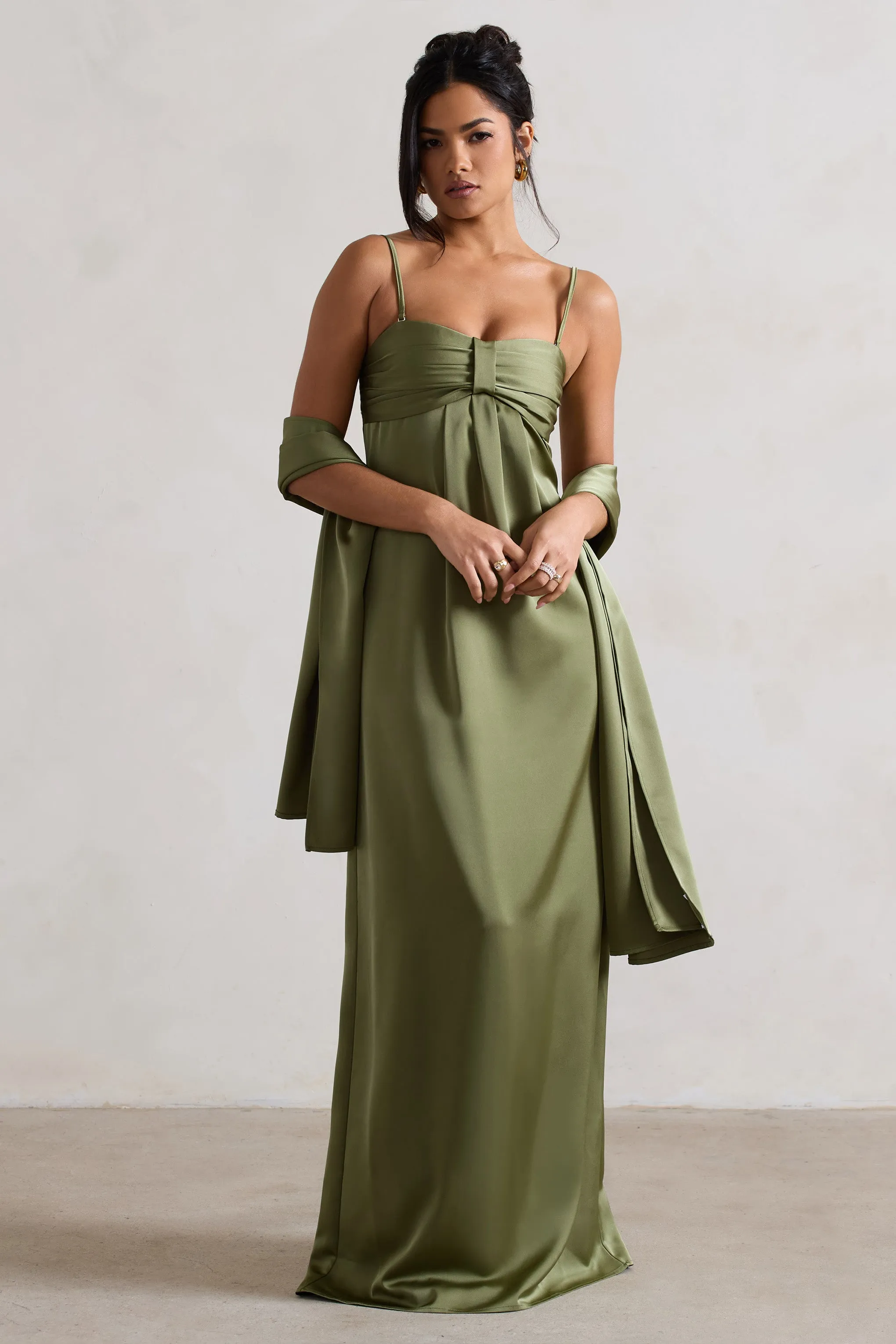 April | Olive Green Satin Sweetheart Maxi Dress