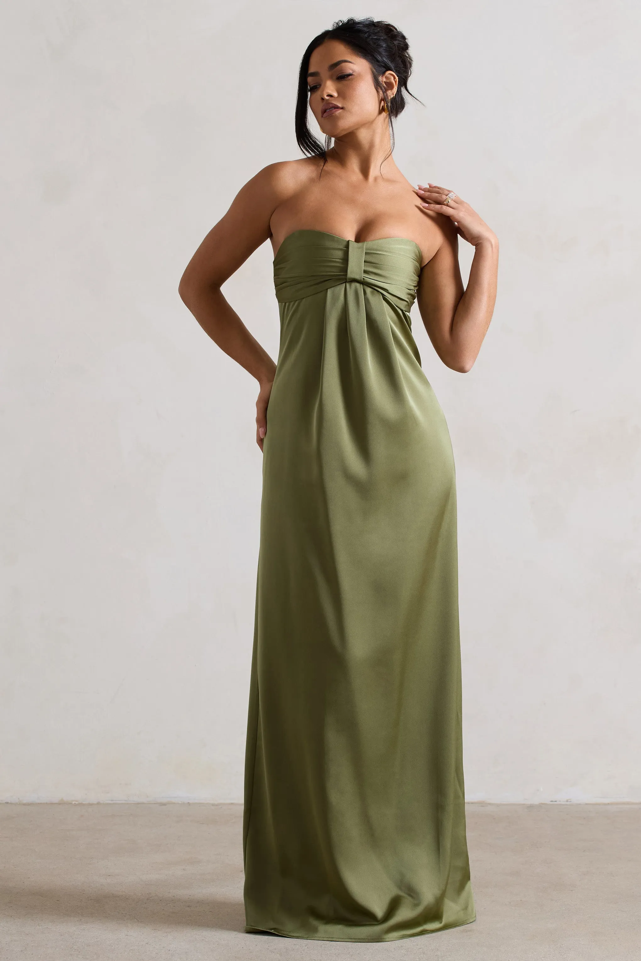 April | Olive Green Satin Sweetheart Maxi Dress