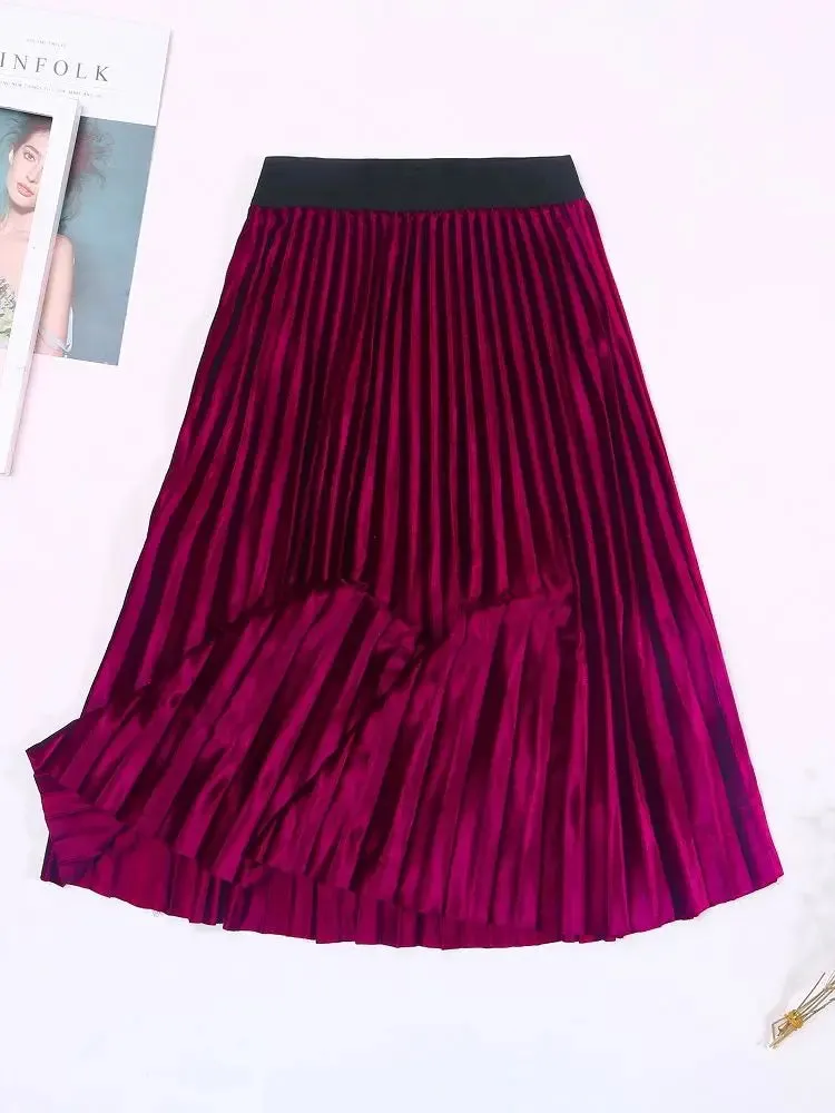 Autumn Winter Long Skirt Women Streetwear High Waisted Skinny Velvet Skirt Female Ladies Pleated Skirts Elegant Maxi Women Skirt