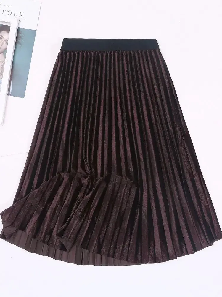 Autumn Winter Long Skirt Women Streetwear High Waisted Skinny Velvet Skirt Female Ladies Pleated Skirts Elegant Maxi Women Skirt