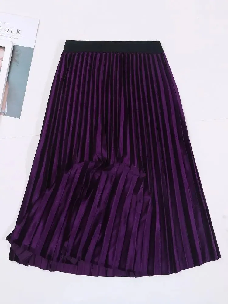 Autumn Winter Long Skirt Women Streetwear High Waisted Skinny Velvet Skirt Female Ladies Pleated Skirts Elegant Maxi Women Skirt