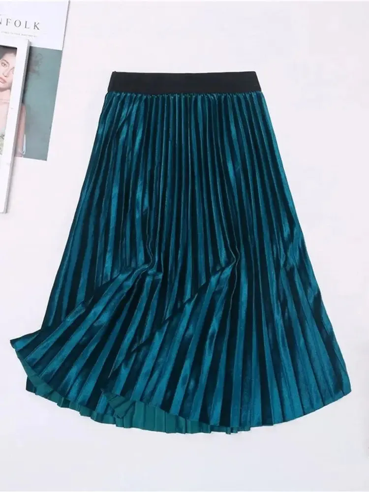 Autumn Winter Long Skirt Women Streetwear High Waisted Skinny Velvet Skirt Female Ladies Pleated Skirts Elegant Maxi Women Skirt