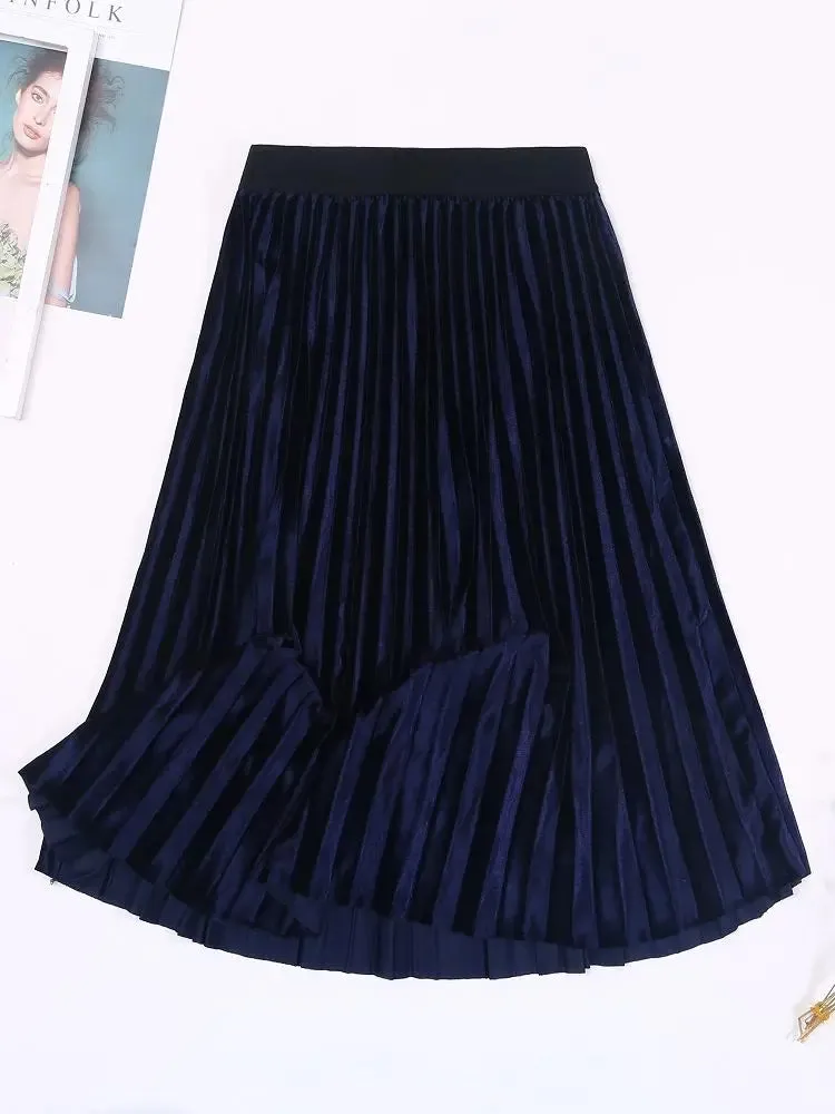 Autumn Winter Long Skirt Women Streetwear High Waisted Skinny Velvet Skirt Female Ladies Pleated Skirts Elegant Maxi Women Skirt