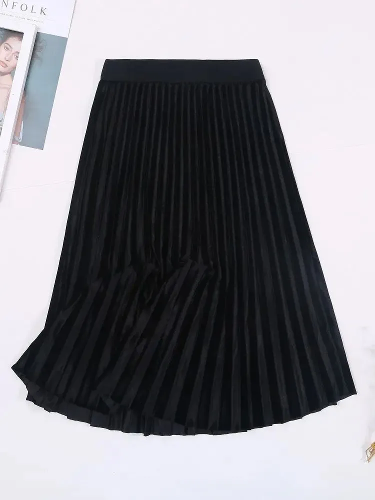 Autumn Winter Long Skirt Women Streetwear High Waisted Skinny Velvet Skirt Female Ladies Pleated Skirts Elegant Maxi Women Skirt