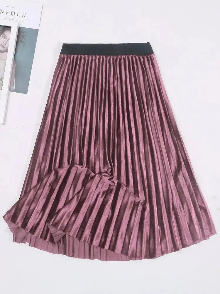 Autumn Winter Long Skirt Women Streetwear High Waisted Skinny Velvet Skirt Female Ladies Pleated Skirts Elegant Maxi Women Skirt