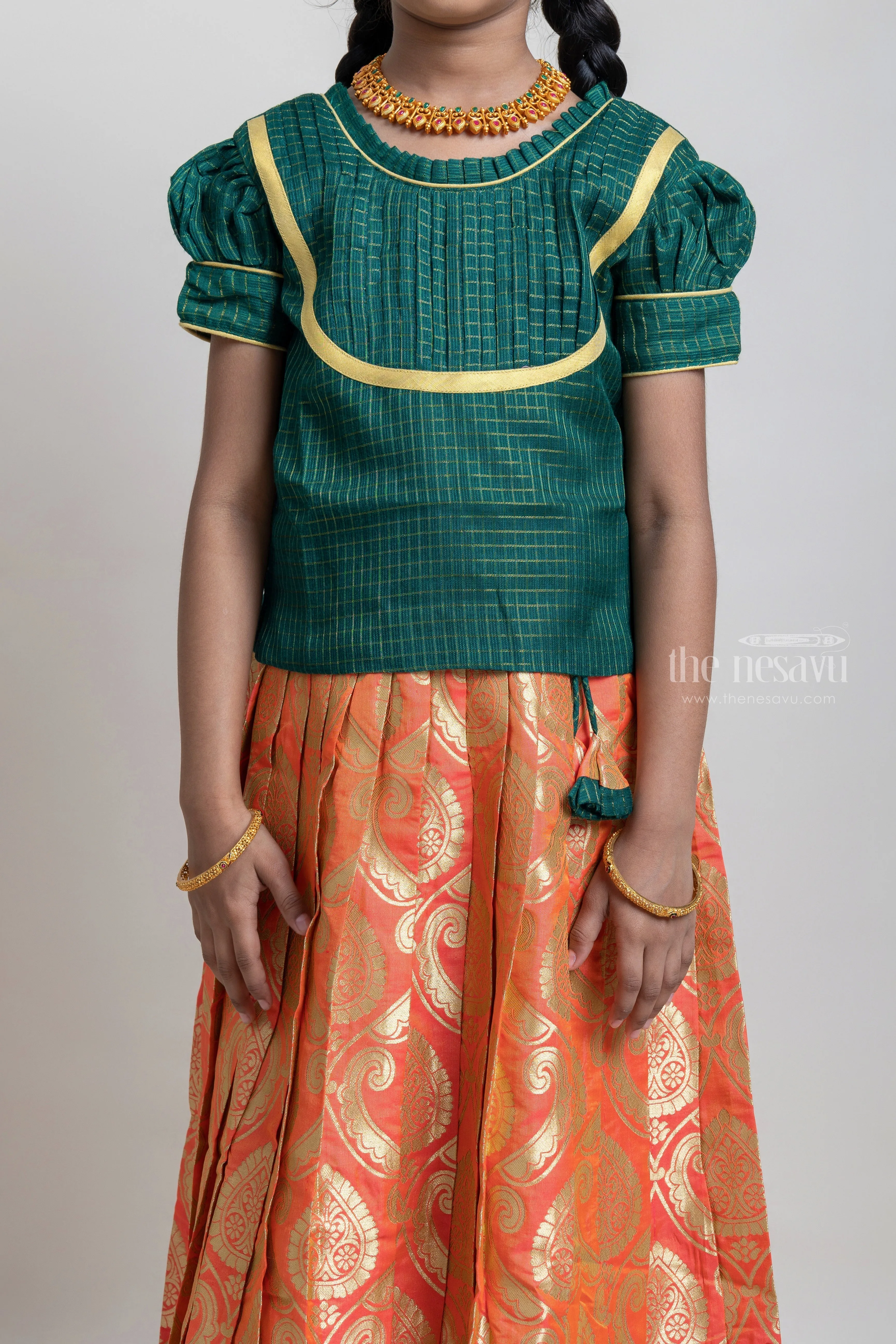 Beautiful Traditional Green Semi Silk Blouse With Orange Pleated Designer Pattu Pavadai For Girls