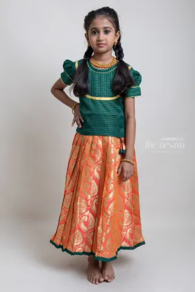 Beautiful Traditional Green Semi Silk Blouse With Orange Pleated Designer Pattu Pavadai For Girls