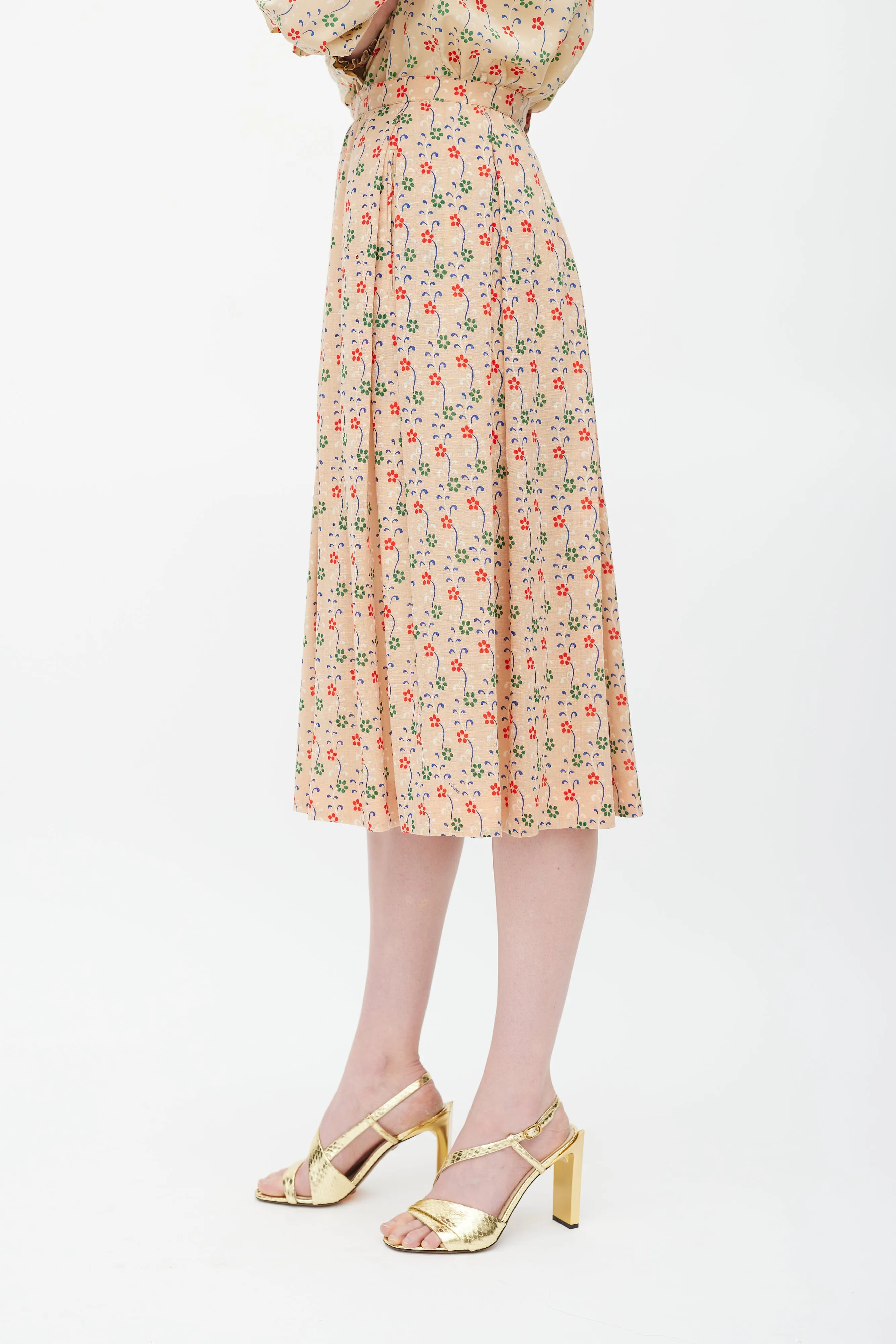 Beige & Multicolour Wool Floral Pleated Skirt