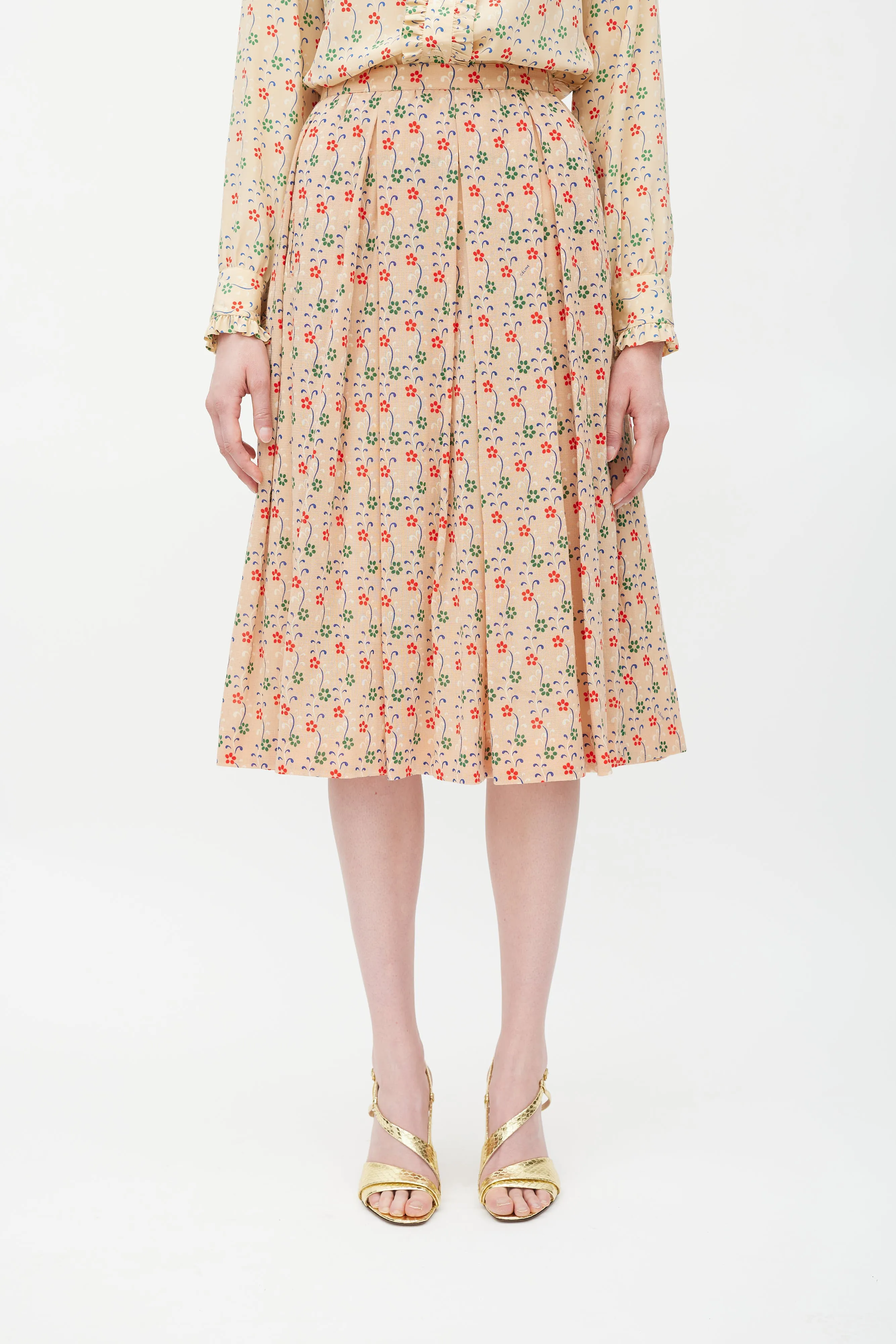 Beige & Multicolour Wool Floral Pleated Skirt