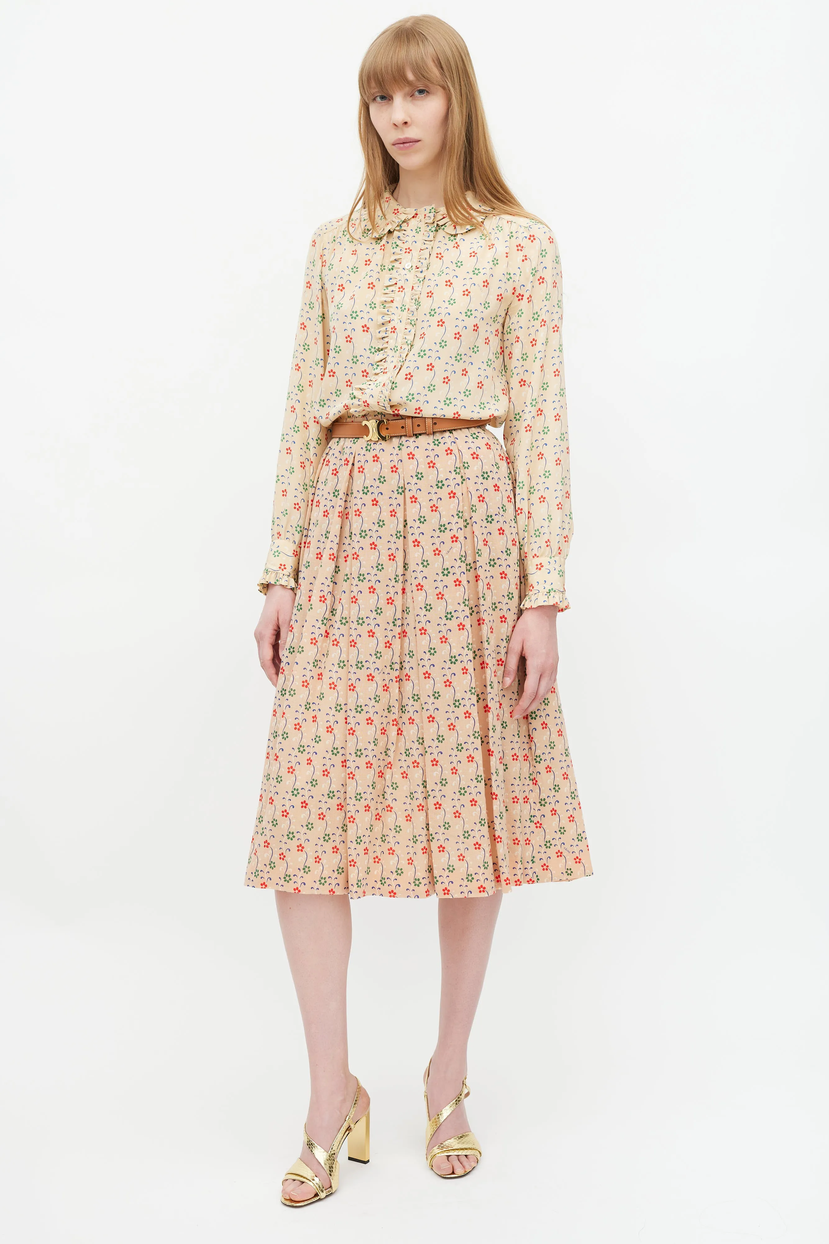 Beige & Multicolour Wool Floral Pleated Skirt