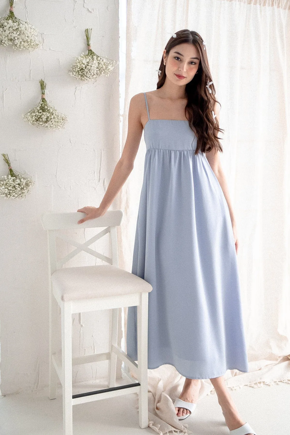 BELLA BABYDOLL SATIN MAXI DRESS IN SEA BLUE