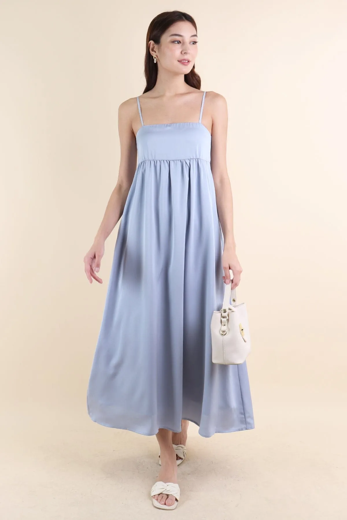 BELLA BABYDOLL SATIN MAXI DRESS IN SEA BLUE