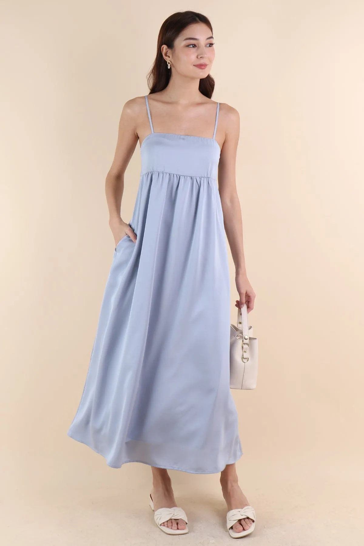 BELLA BABYDOLL SATIN MAXI DRESS IN SEA BLUE