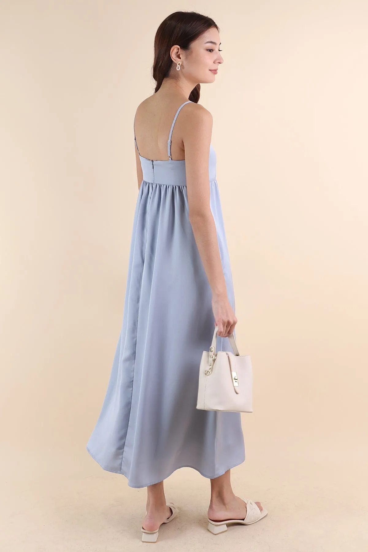 BELLA BABYDOLL SATIN MAXI DRESS IN SEA BLUE