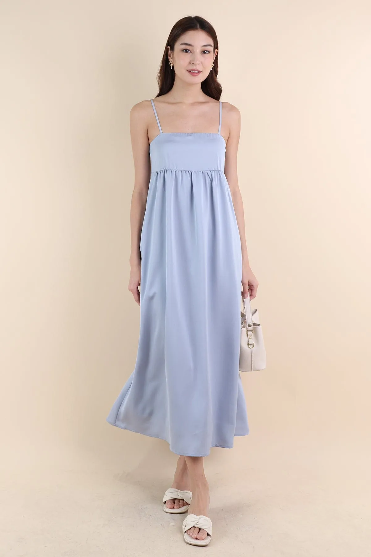 BELLA BABYDOLL SATIN MAXI DRESS IN SEA BLUE