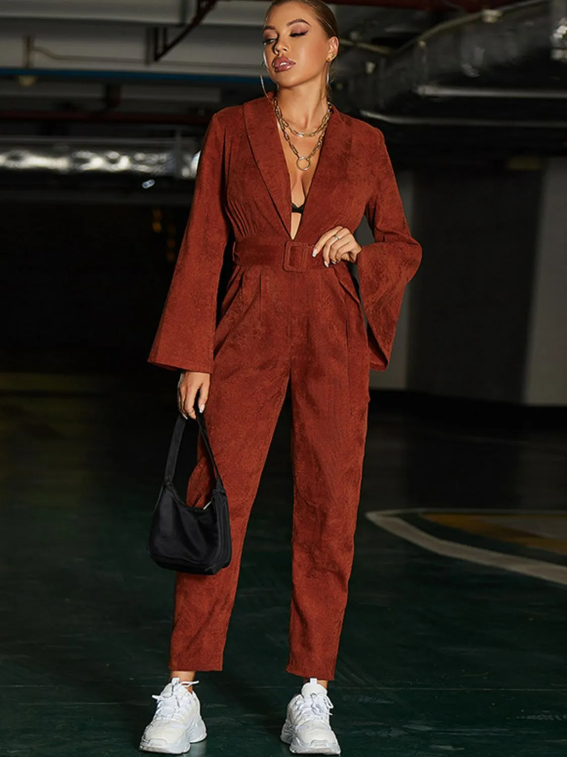 Belted Shawl Collar Slit Sleeve Jumpsuit