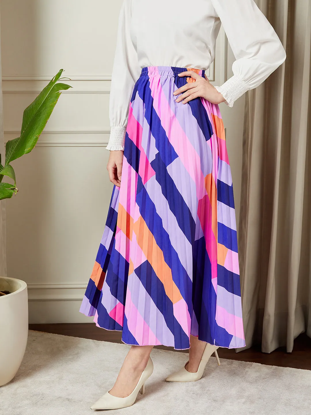 Berrylush BIZwear Women Multicolour Colourblock Printed Elastic High-Rise Waist Straight Hem Pleated A-Line Midi Skirt