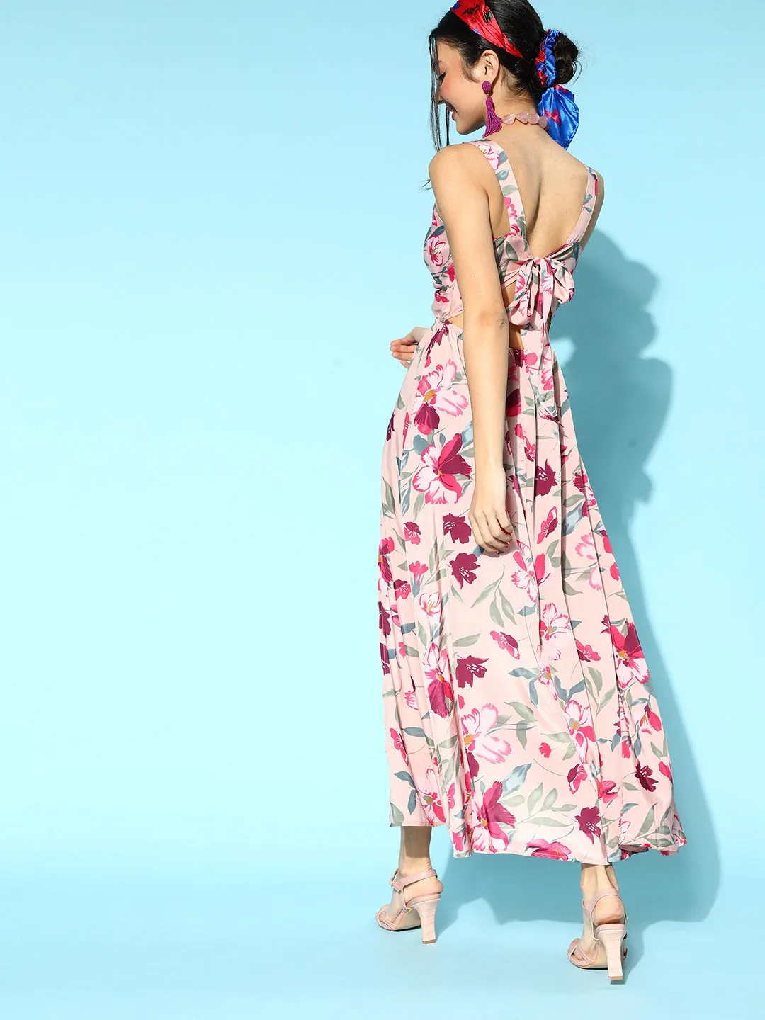 Berrylush Women Pink & Green Floral Printed V-Neck Open Back Thigh-High Slited A-Line Maxi Dress