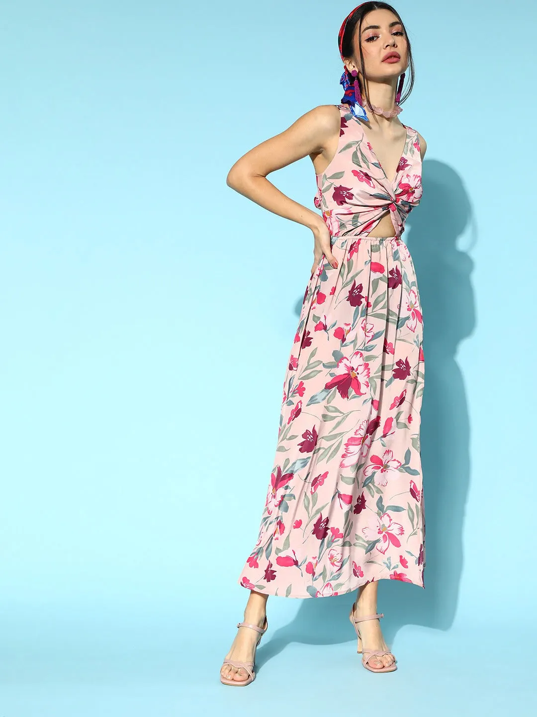 Berrylush Women Pink & Green Floral Printed V-Neck Open Back Thigh-High Slited A-Line Maxi Dress