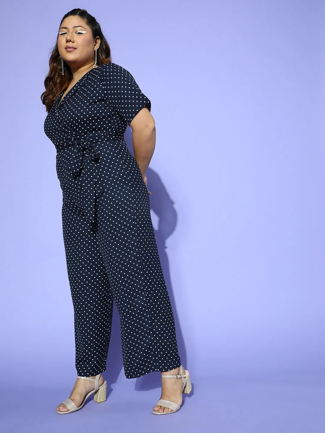 Berrylush Women Plus Size Blue & White Polka Dot Printed V-Neck Tie-Up Waist Layered Culotte Jumpsuit