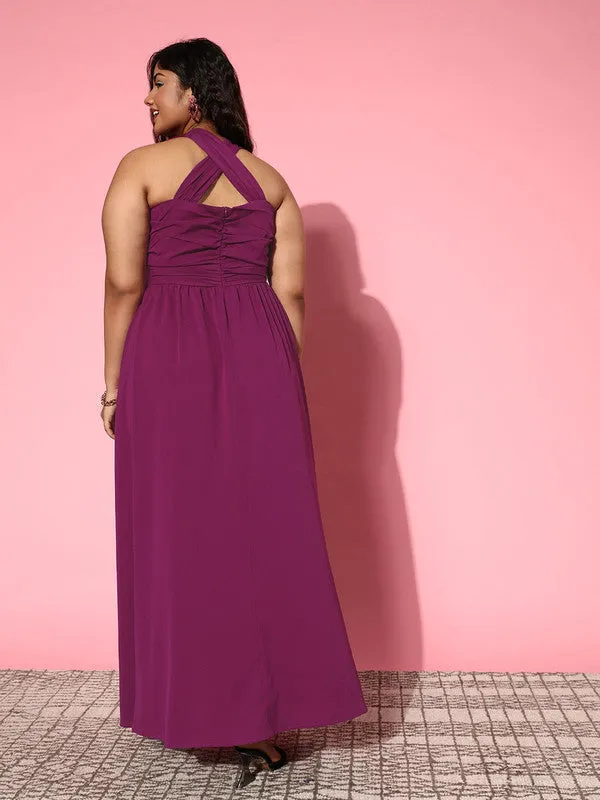 Berrylush Women Plus Size Solid Purple Halter Neck Sleeveless Front Cutout Flared Maxi Dress