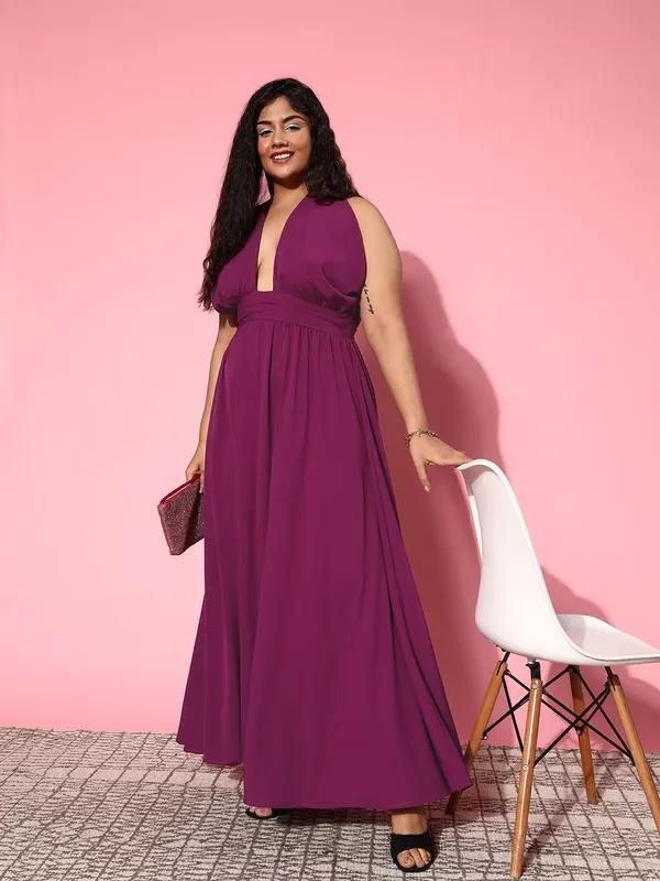 Berrylush Women Plus Size Solid Purple Halter Neck Sleeveless Front Cutout Flared Maxi Dress