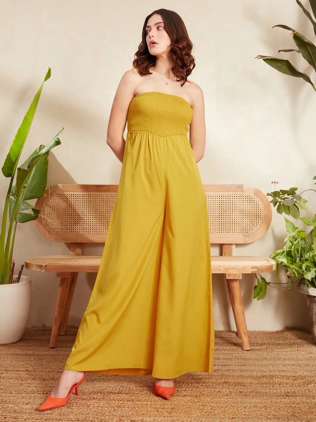 Berrylush Women Solid Yellow Off-Shoulder Neck Sleeveless Backless Wide Leg Smocked Maxi Jumpsuit