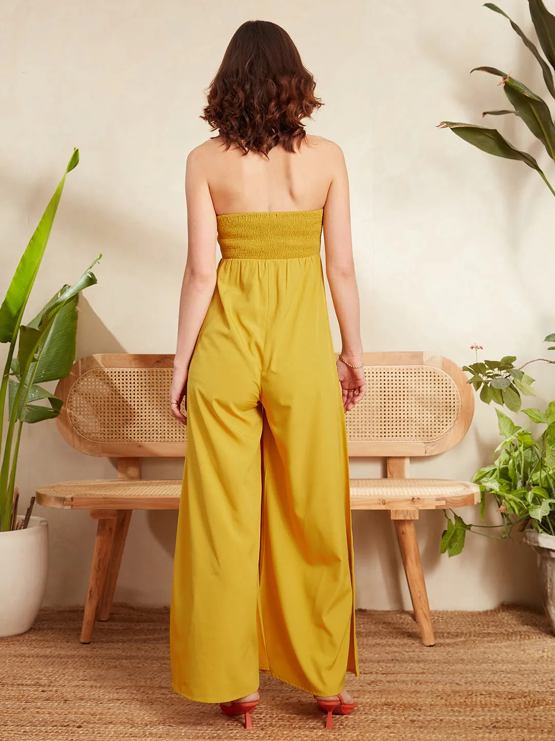 Berrylush Women Solid Yellow Off-Shoulder Neck Sleeveless Backless Wide Leg Smocked Maxi Jumpsuit