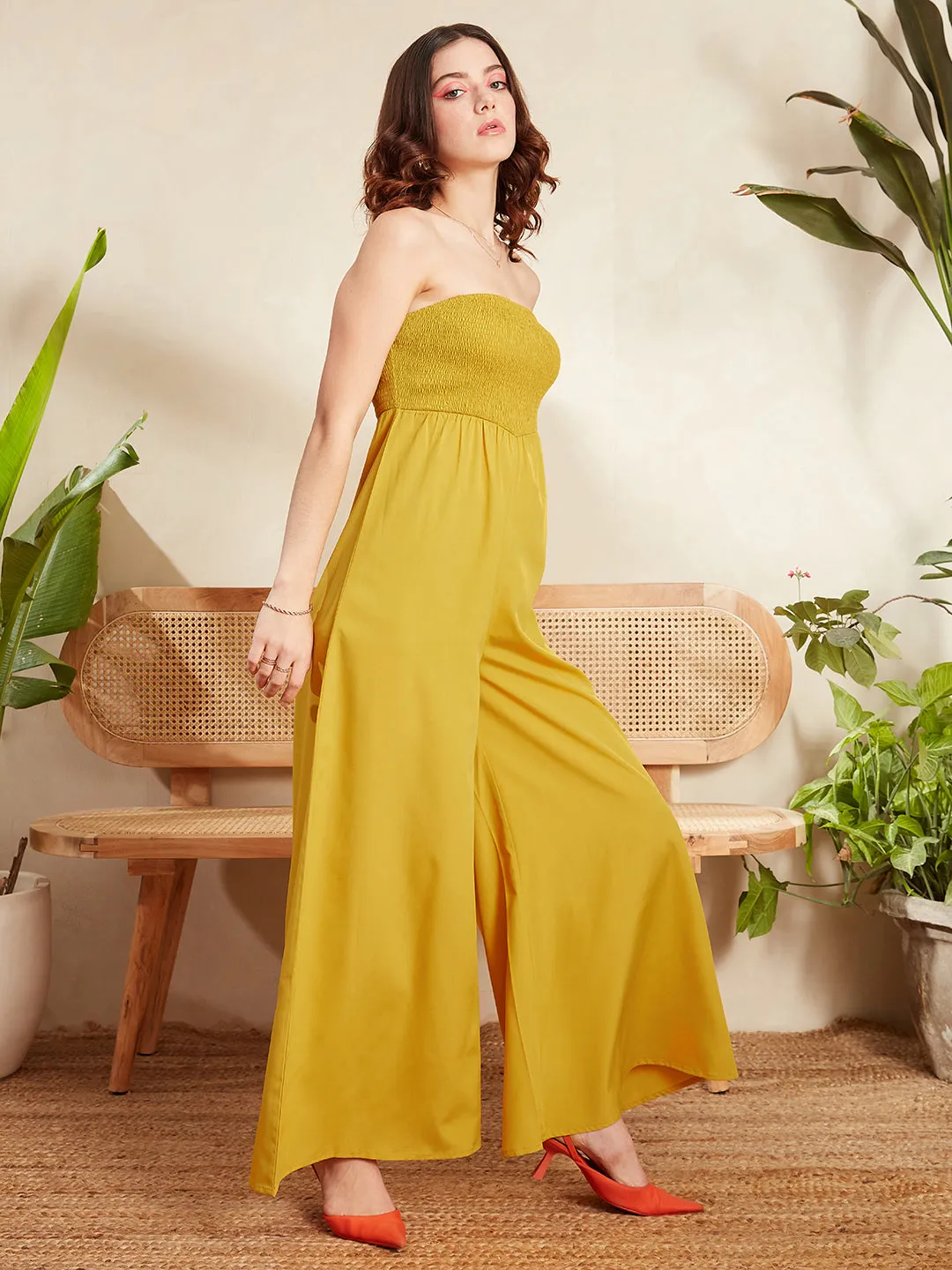 Berrylush Women Solid Yellow Off-Shoulder Neck Sleeveless Backless Wide Leg Smocked Maxi Jumpsuit