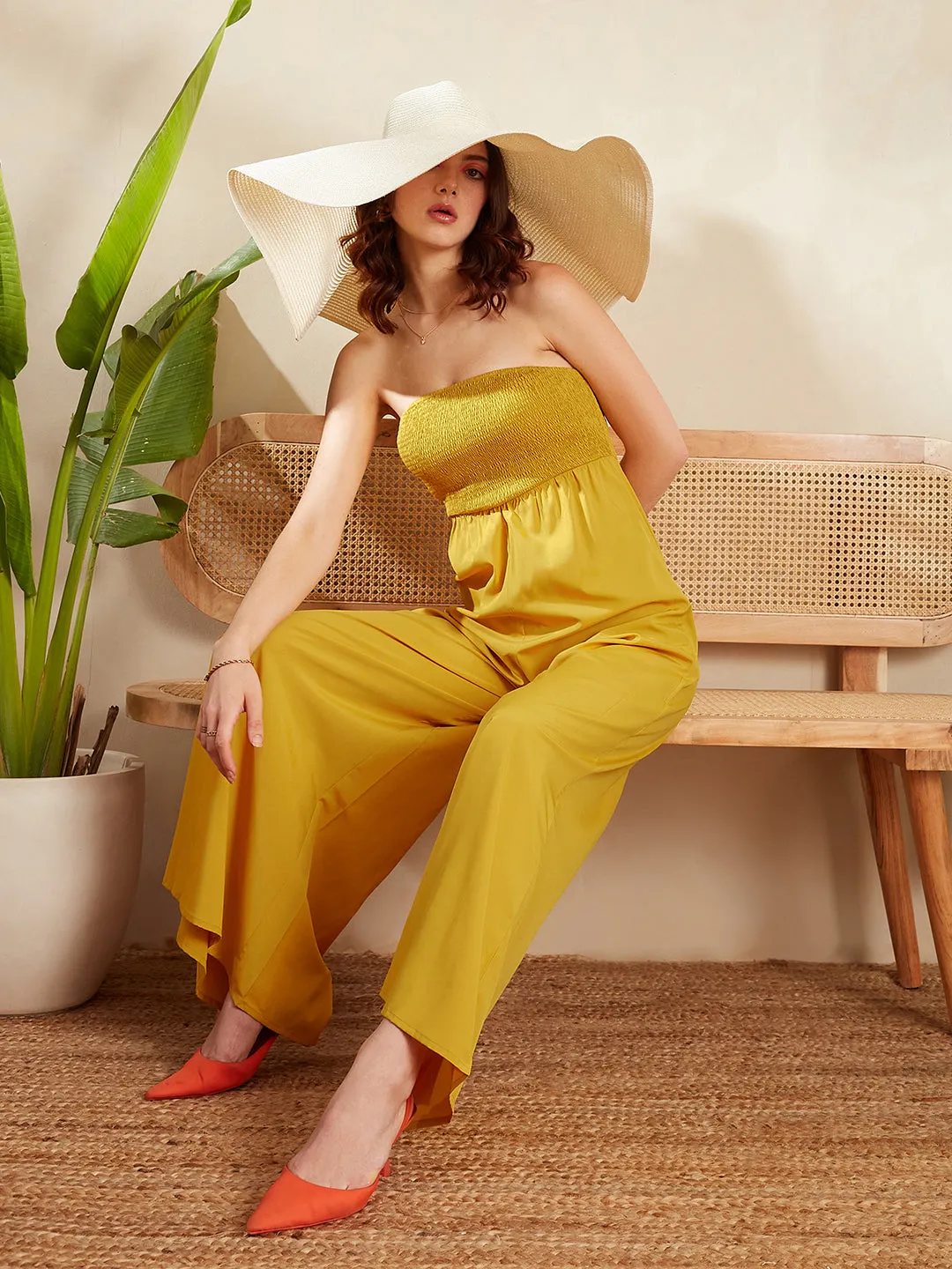 Berrylush Women Solid Yellow Off-Shoulder Neck Sleeveless Backless Wide Leg Smocked Maxi Jumpsuit