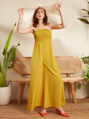 Berrylush Women Solid Yellow Off-Shoulder Neck Sleeveless Backless Wide Leg Smocked Maxi Jumpsuit