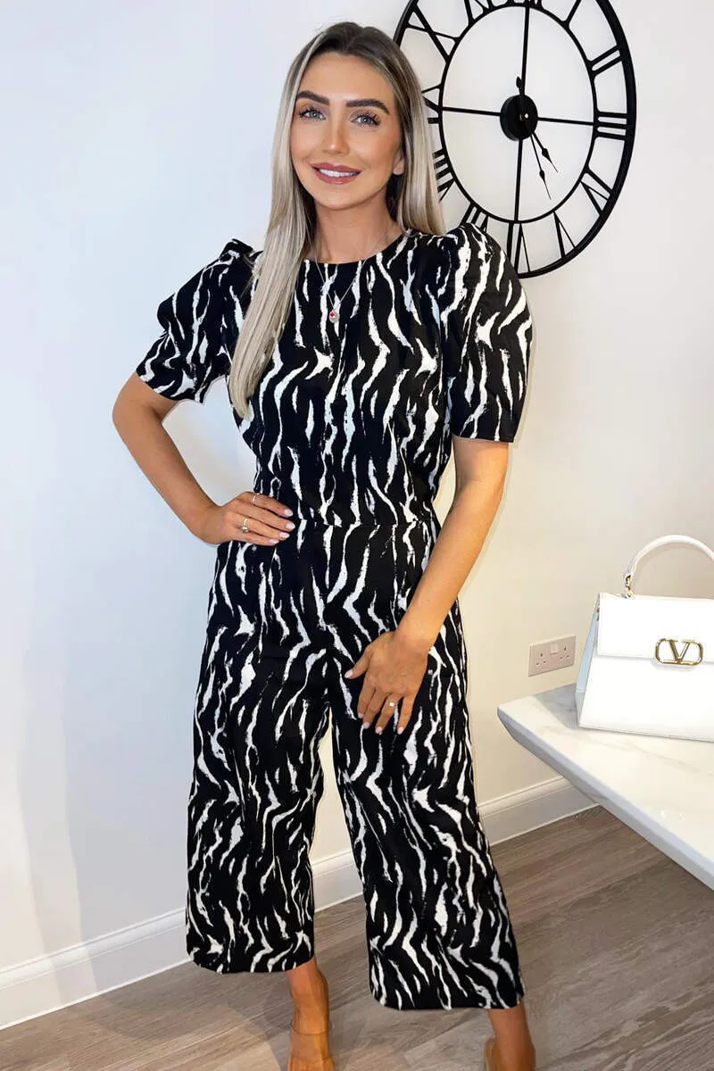 Black And White Printed Short Sleeve Jumpsuit