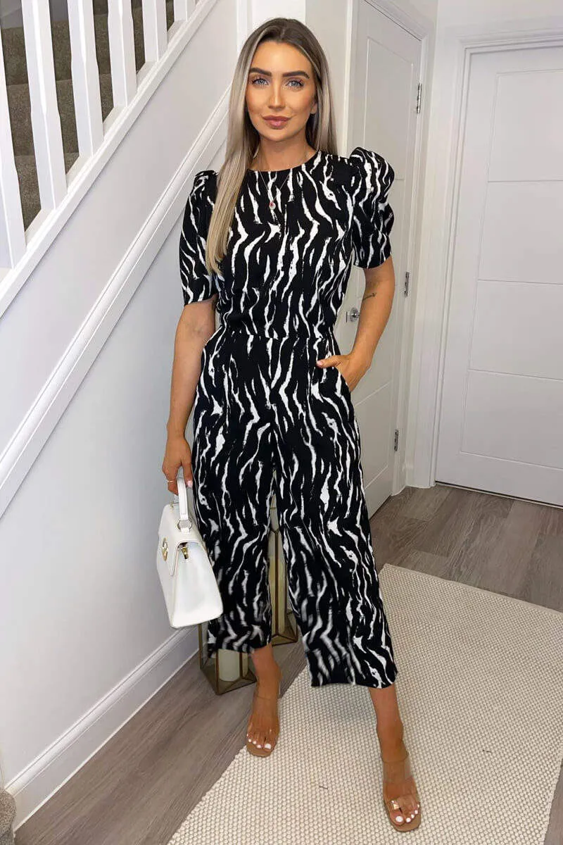 Black And White Printed Short Sleeve Jumpsuit