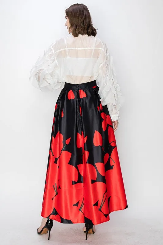 Black Flower Print Pleated Maxi Skirt with Waist Ribbon