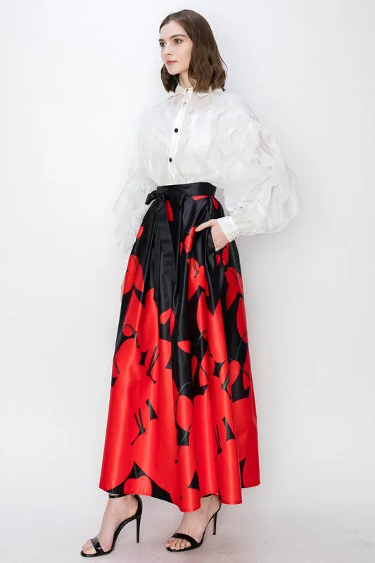 Black Flower Print Pleated Maxi Skirt with Waist Ribbon