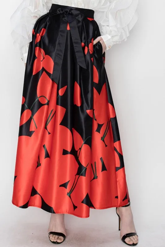 Black Flower Print Pleated Maxi Skirt with Waist Ribbon