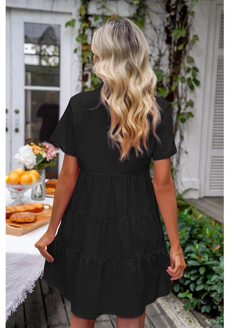 Black Women's Short Sleeve Button Down Babydoll Dress A-Line Tunic Dress