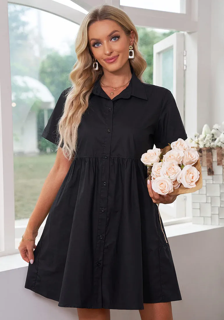 Black Women's Short Sleeve Button Down Babydoll Dress A-Line Tunic Dress