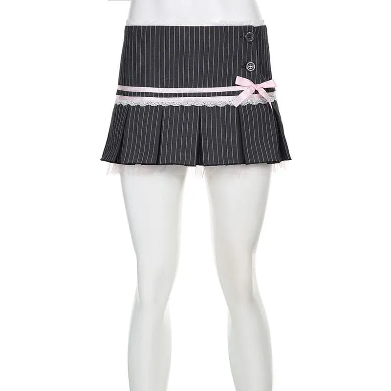 Bowknot lace hem pleated button striped print mini skirt