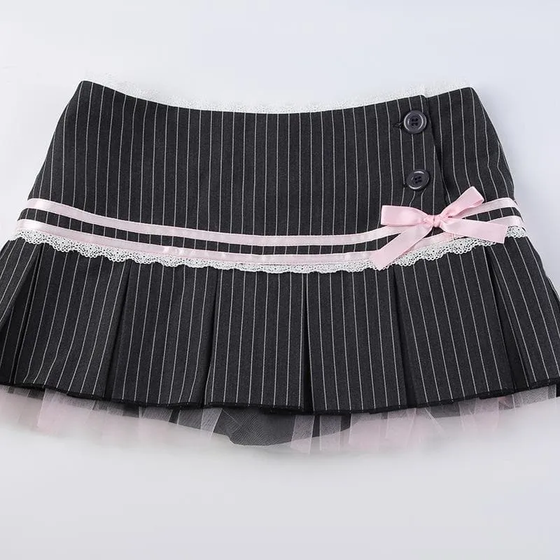 Bowknot lace hem pleated button striped print mini skirt