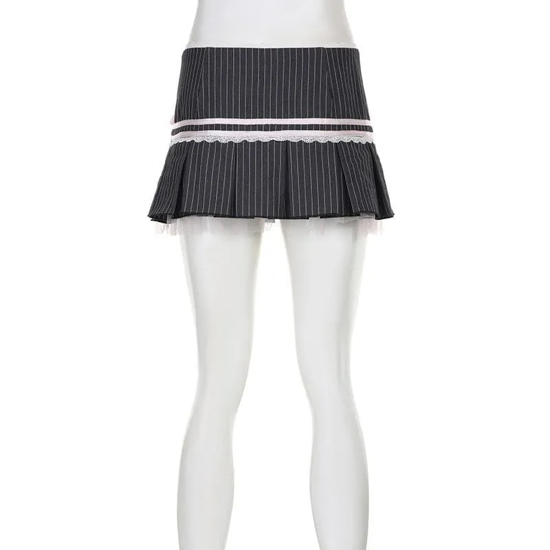 Bowknot lace hem pleated button striped print mini skirt