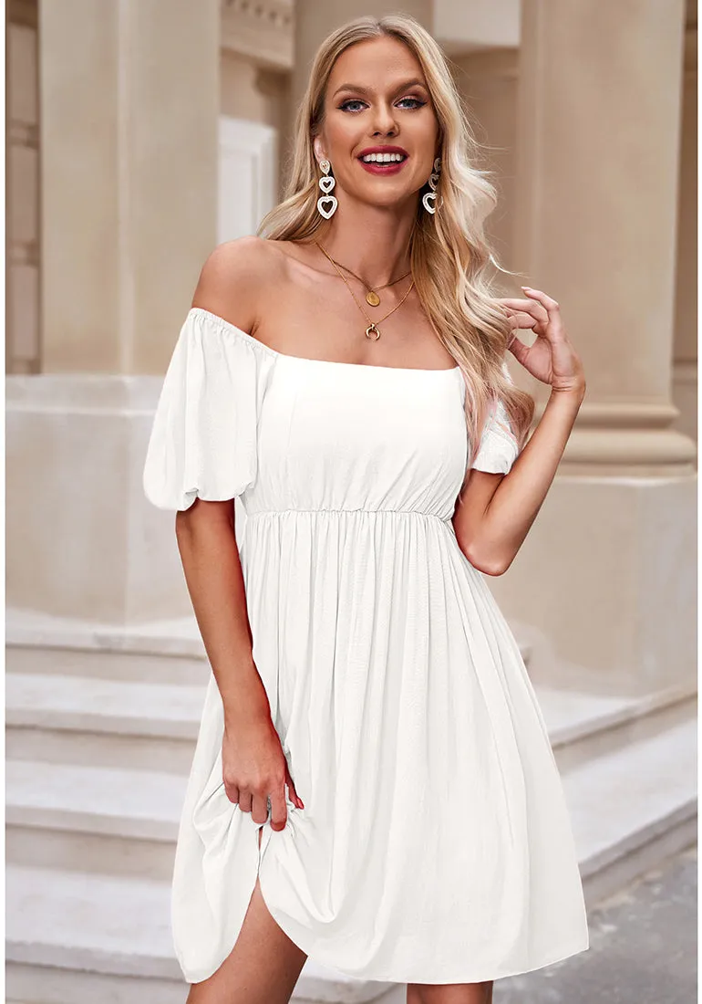 Brilliant White Women's Off the Shoulder Puff Sleeve Square Neck A-Line Babydoll Dresses