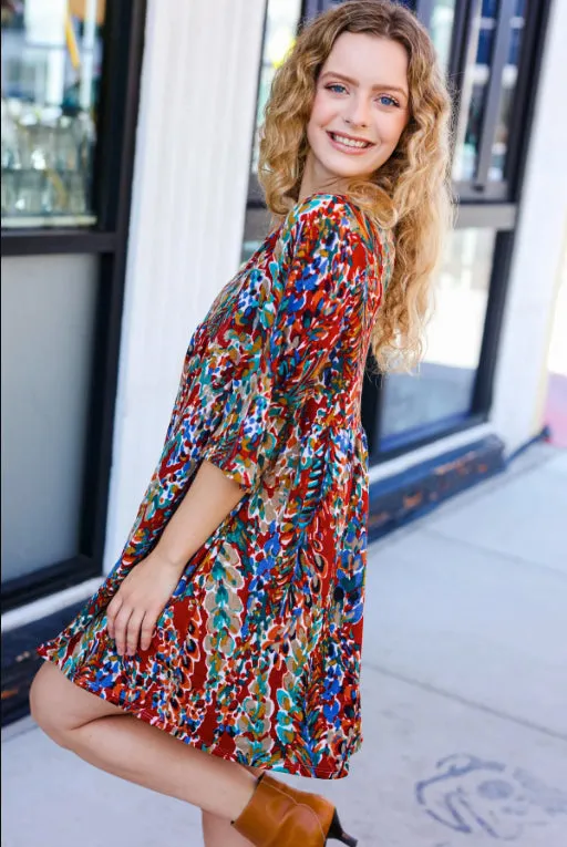 Burgundy Floral V Neck Babydoll Dress